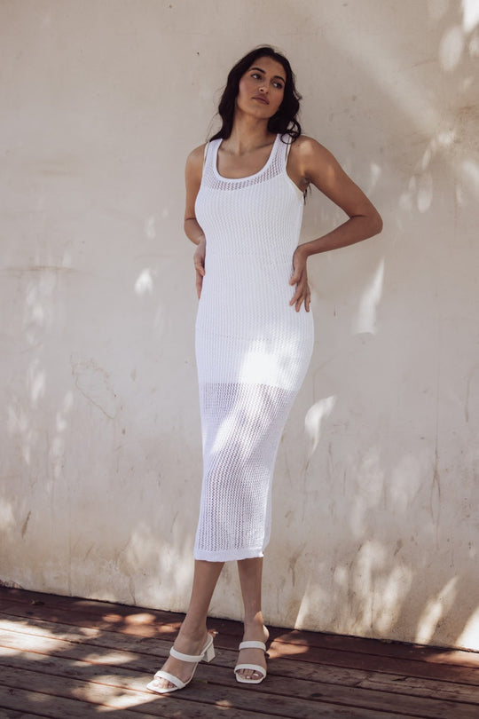 DESTINATION VACATION CROCHET KNIT COVER-UP MAXI DRESS - WHITE