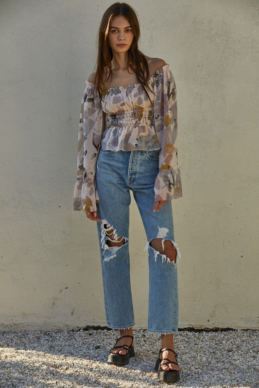 SIMBA PRINT OFF THE SHOULDER BELL SLEEVE TOP