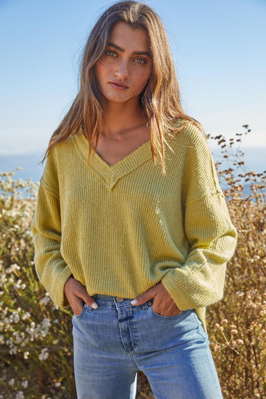 THE MARSHA RIBBED KNIT PULLOVER SWEATER TOP - LIME GREEN