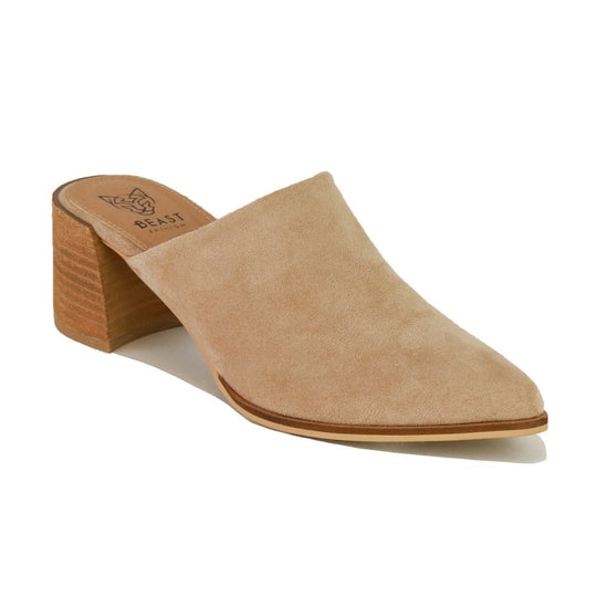 STEPHANIE FAUX SUEDE POINTED TOE BLOCK HEELED MULES - TAUPE